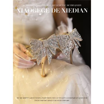 法式蝴蝶結婚鞋新娘鞋主婚紗香檳色高跟鞋女公主訂婚水晶鞋伴娘鞋