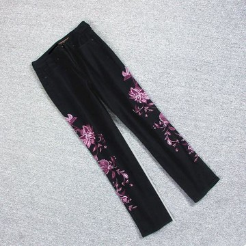 女裝歐美單黑色重工刺繡棉彈直筒褲大碼胖mm女牛仔褲百搭長褲顯瘦