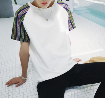 FINDSENSE品牌 日系 男 時尚潮流 休閒 民族風衣袖拼接 短袖T恤