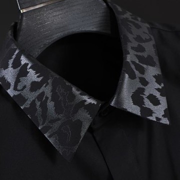 歐美輕奢潮牌春秋時尚豹紋印花修身長袖襯衫男士商務休閑潮流襯衣