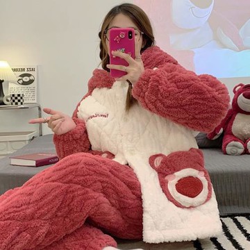 秋冬季2022年新款睡衣女三層夾棉加厚連帽保暖款珊瑚絨家居服套裝