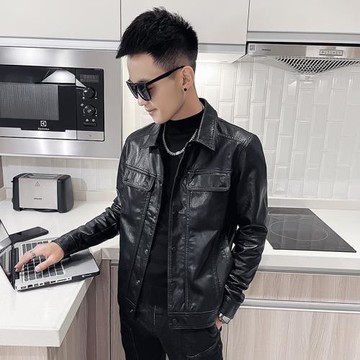 翻領機車服PU皮夾克外套男網紅痞帥修身百搭休閑皮衣時尚潮流大牌