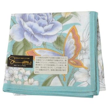 Supima 日本製100%頂級棉質蝶舞花卉圖騰帕領巾(白底/湖水綠邊/52CM)