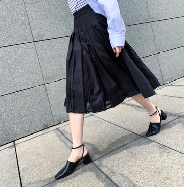 百褶拼網裙 - 黑