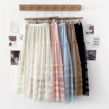 【Fee隔日到貨5色新品】高腰輕盈顯瘦網紗長裙🔥荷葉邊鬆緊網紗蛋糕裙 裙子 中長裙 紗裙 黑色長裙 白色長裙 設計感長裙