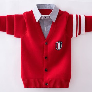 男童針織開衫男孩假兩件紅色毛衣大童2025洋氣秋冬兒童學院風外套