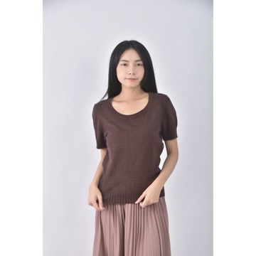 (S) laura ashley質感棉質圓領棕色短袖上衣二手衣