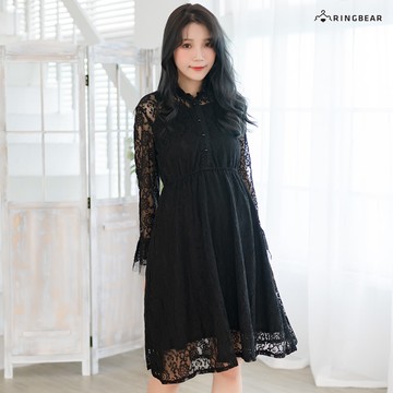 連衣裙--甜美優雅氣質蕾絲百褶立領珍珠荷葉長版長袖洋裝(黑.杏M-3L)-A390眼圈熊中大尺碼