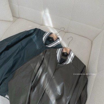 【FJstore】質感 皮革 棒球外套 皮外 皮外套 皮衣 寬鬆 落肩 長袖外套 排釦外套 男外套 女外套