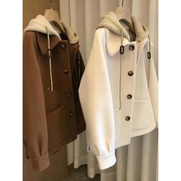 韓系學院風假兩件拼接連帽毛呢外套女秋冬寬松設計高級感呢子大衣