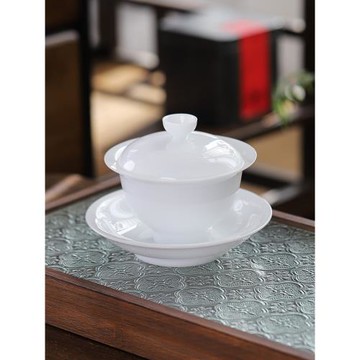 冰種凍玉瓷薄胎三才蓋碗單個泡茶杯手工羊脂玉白陶瓷茶具禮盒高端