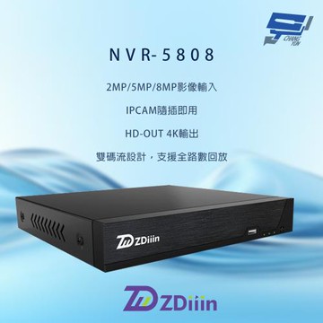 昌運監視器  ZDiiin  NVR-5808  800萬畫素 8路 AI智能偵測 雙碼流 全路數回放 網路型錄影主機