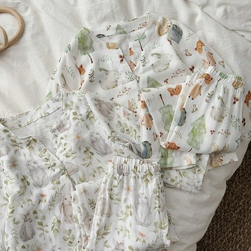 兒童家居服竹棉紗布兒童睡衣套裝寶寶空調服睡衣女童長袖長褲套裝(鑫弘-萌寶童裝)可開發票