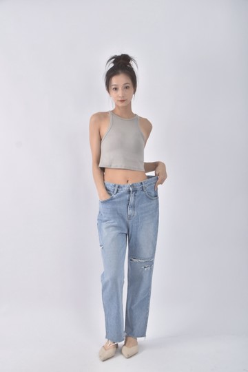 (XL) the labor高腰丹寧牛仔質感棉質純棉藍色長褲