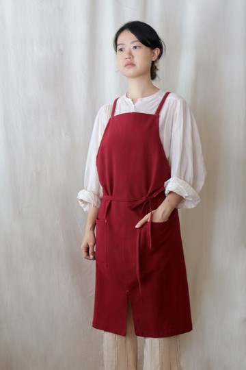 步野  小開衩棉麻圍裙  深紅.米白