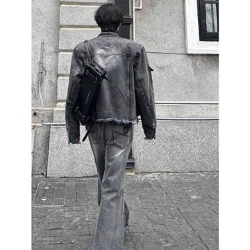 秋季街頭小眾壓褶毛邊黑灰牛仔外套夾克男痞帥復古牛仔褲兩件套