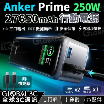【4%點數】Anker Prime 250W行動電源 27650mAh 3口輸出 PD3.1/QC3.0/FCP 筆電快充