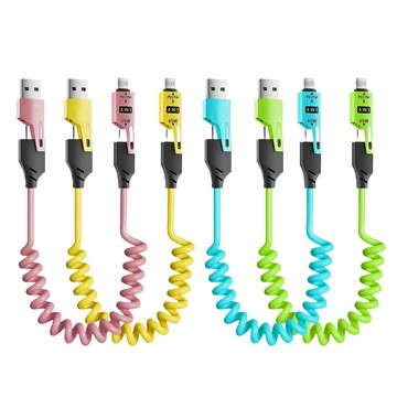USB-A to Lightning傳輸充電線 65W 彈簧四合一伸縮快充線｜USB/Type-C/Lightning｜車用防纏繞