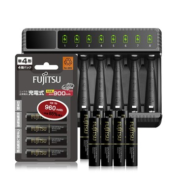 FUJITSU 日本  低自放電4號900mAh充電電池組(4號8入+智慧型八槽USB電池充電器+送電池盒)