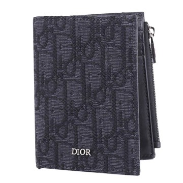Christian Dior Oblique 滿版緹花直式對折皮夾/零錢短夾.黑灰