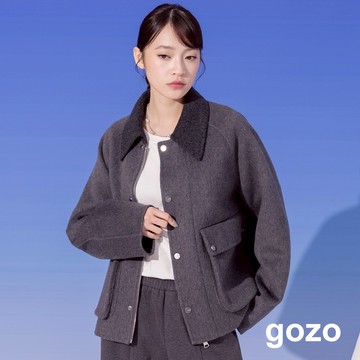 【gozo】巴恩風配色領羊毛工裝外套(米色/灰色_F) | 女裝 翻領 百搭
