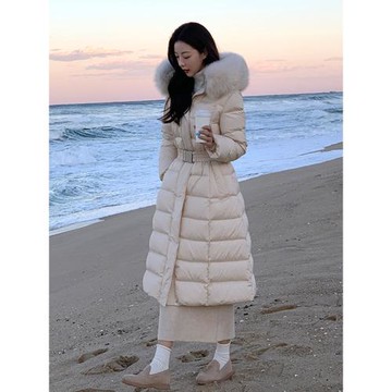 真狐貍大毛領羽絨服女中長款冬新加厚保暖修身顯瘦三防白鴨絨外套