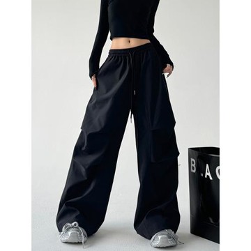 美式黑色口袋工裝褲女2025秋裝新款休閑寬松春秋季闊腿運動長褲子