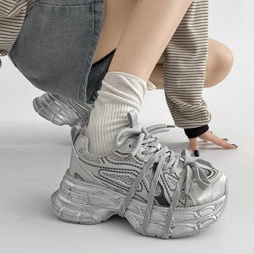 【現貨出清】老爹鞋．雜誌款金屬拼色網布綁帶厚底包鞋．白鳥麗子