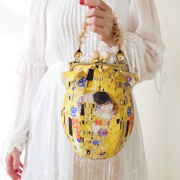 克林姆 吻 手作流蘇手提包 口金包 肩背 斜背 香檳金 花苞 名畫