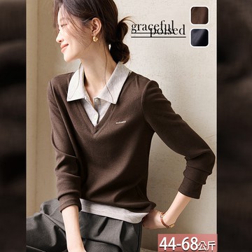 假兩件刺繡翻領撞色上衣(2色) M-2XL【016345X】【現+預】☆流行前線☆