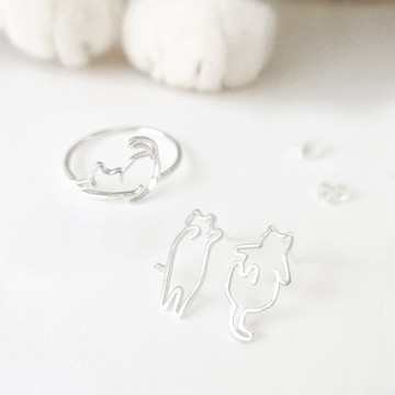 / 抱抱貓咪 / 貓咪飾品組合 925純銀耳環及戒指