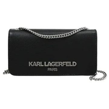 KARL LAGERFELD 卡爾 經典金屬LOGO翻蓋斜背小鍊包.黑
