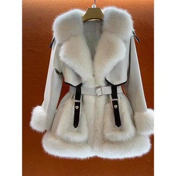 氣質大毛領系帶中長款毛毛外套女2025冬季新款保暖皮毛一體上衣