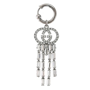 【全新福利品】GUCCI 678190 水鑽GG LOGO方鑽流蘇夾式單邊耳環.銀