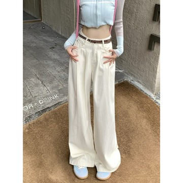【 𝑭𝒍𝒐𝒘𝒆𝒓𝒔𝒆𝒂】垂墜感 白色牛仔褲女 寬鬆顯瘦 高腰闊腿 直筒長褲 牛仔長褲 長褲女 寬褲