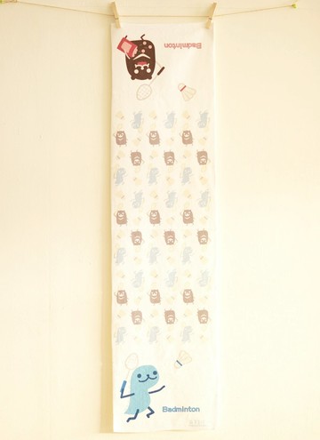 運動毛巾-丹尼龍飽熊打羽球-白色-下單後製作-不接受退貨