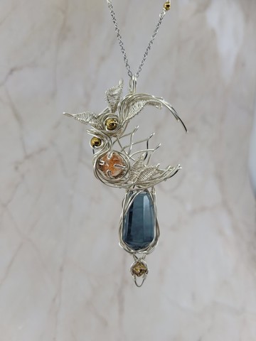 手工繞線 月亮型 藍螢石 太陽石 長頸鍊