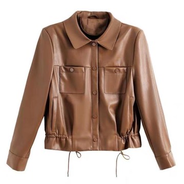 左岸】翻領復古秋季簡約休閑皮夾克外套女短款pu皮衣秋季長袖外套