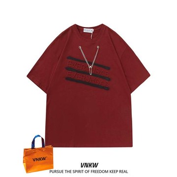 純棉美式hiphop潮牌項鏈短袖t恤男2024寬松復古街頭嘻哈情侶上衣