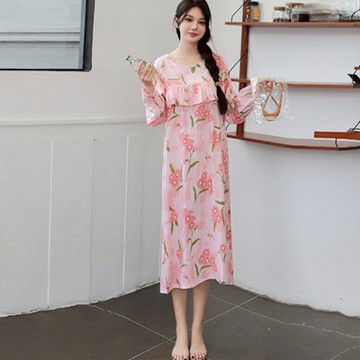 [韓國K.W.]韓國專櫃級粉花棉稠波浪造型家居休閒服睡裙