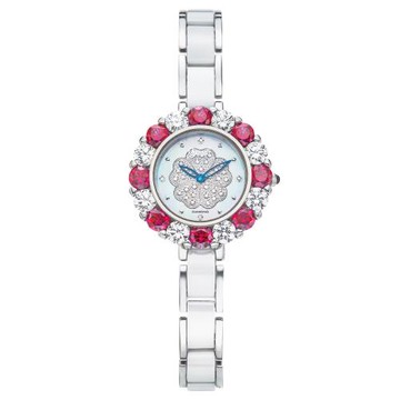 【Ogival 愛其華】山茶花系列 高雅花中花細鍊珠寶錶 (380-28DJLW) 紅白鑽珠