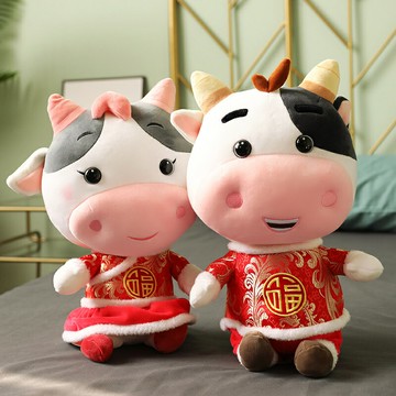 可愛唐裝奶牛公仔毛絨玩具牛年吉祥物小牛玩偶娃娃一對生肖牛