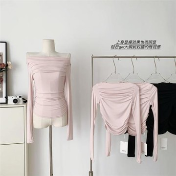 斜肩褶皺針織衫女超火設計感小眾高級感洋氣減齡小上衣領帶夾