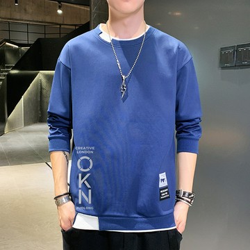 【HOT 本舖】男装春秋季新款男士衛衣休閒百搭青年帥氣長袖T恤假兩件圓領衛衣男裝