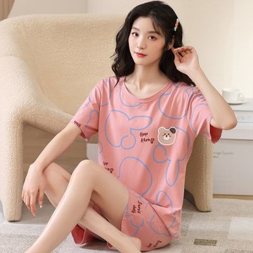 [韓國K.W.]韓國空運傾心寬鬆涼爽棉短袖睡衣套裝(套裝/棉麻/家居套裝/小香風/涼感)