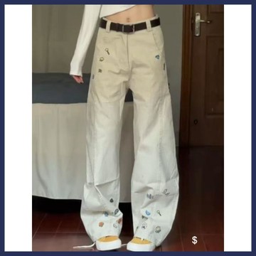WYZ美式復古水洗卡通貼紙刺繡闊腿牛仔褲女秋季高街寬鬆顯瘦拖地褲