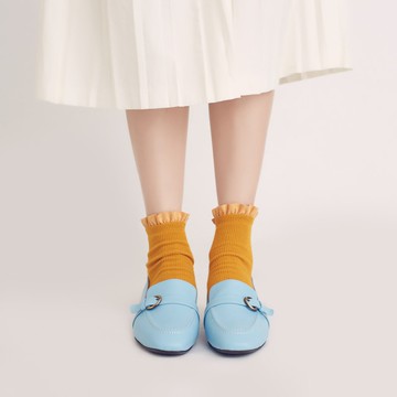 輕便直套式!繫皮帶方頭樂福鞋  天藍  內外全真皮  MIT