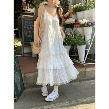 【桃喜Rich女裝】夏季甜美蕾絲洋裝 白色細肩吊帶連衣裙 仙女蛋糕裙 海邊度假沙灘裙 氣質寬鬆顯瘦長裙 韓版百搭連身裙女