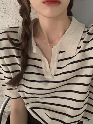 條紋套頭短袖針織衫薄款女夏季新款韓版寬松百搭休閑打底上衣