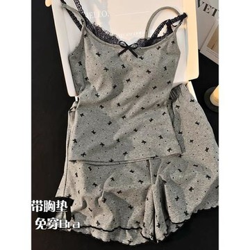 可愛吊帶睡衣女款2025新款夏季純棉甜美套裝帶胸墊一體大碼家居服